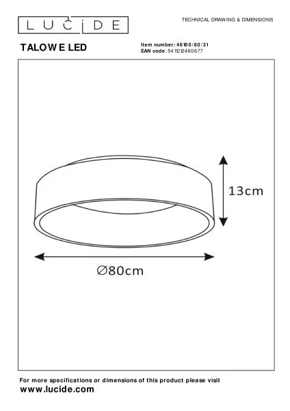 Lucide TALOWE LED - Plafonnier - Ø 80 cm - LED Dim. - 1x80W 3000K - Blanc - technique